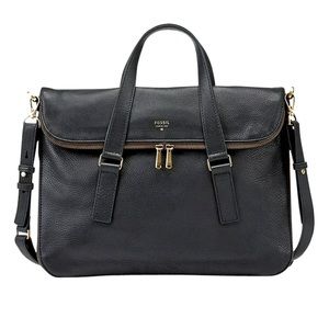 Fossil Women's Black Women's Preston Foldover Leather Cow Hide Leather Tote Bag